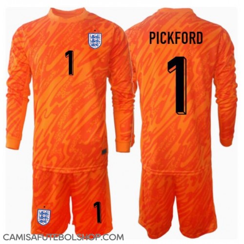 Camisa de time de futebol Inglaterra Jordan Pickford #1 Goleiro Replicas 1º Equipamento Infantil Europeu 2024 Manga Comprida (+ Calças curtas)